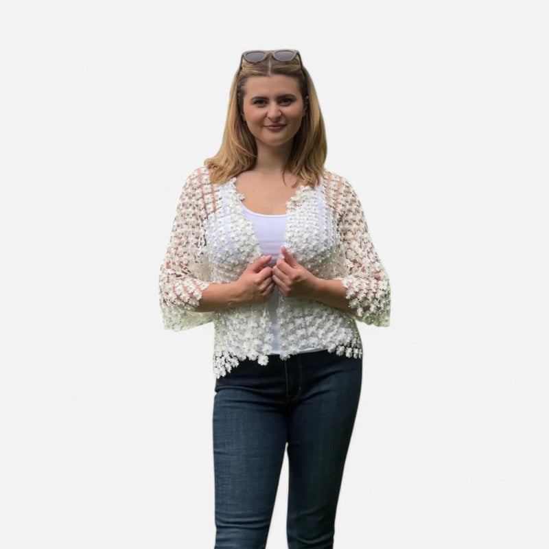 Lace Pearl Short Cardigan Cream