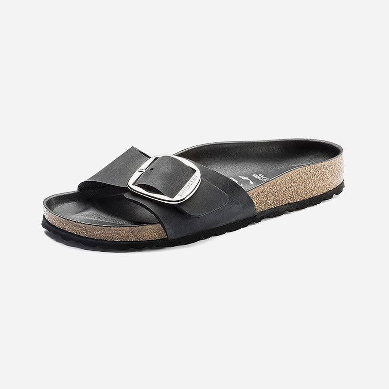 Madrid Big Buckle Black Oiled Leather Narrow