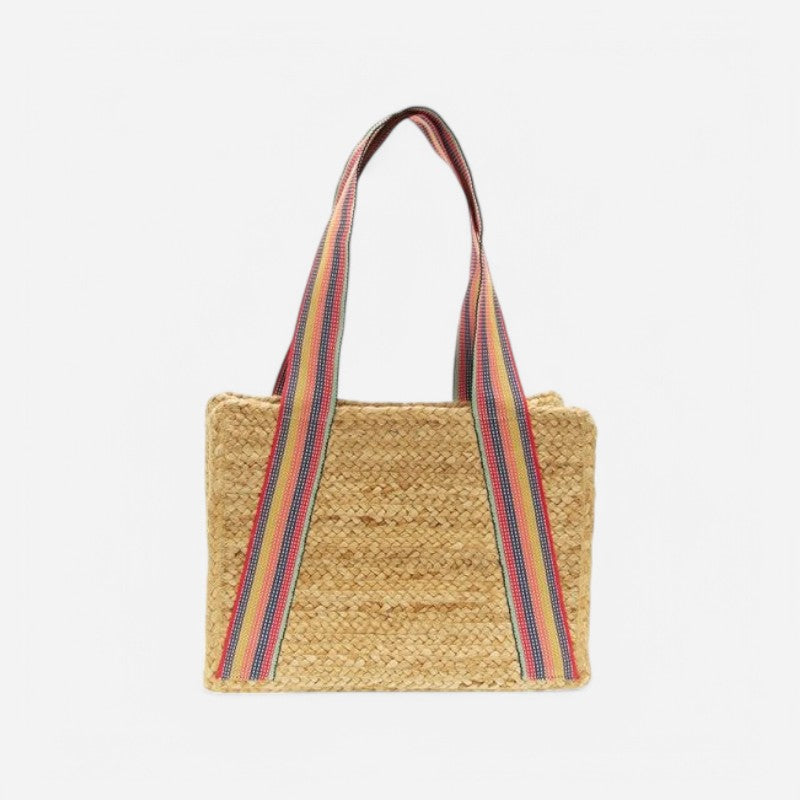 Fiona Jute Tote With Multi Stripe Shoulder Strap Natural